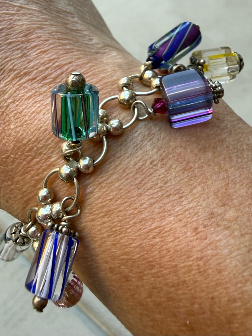 Sterling Silver 925 Murano Glass Bead Charm Bracelet Multicolor Boho 7.5